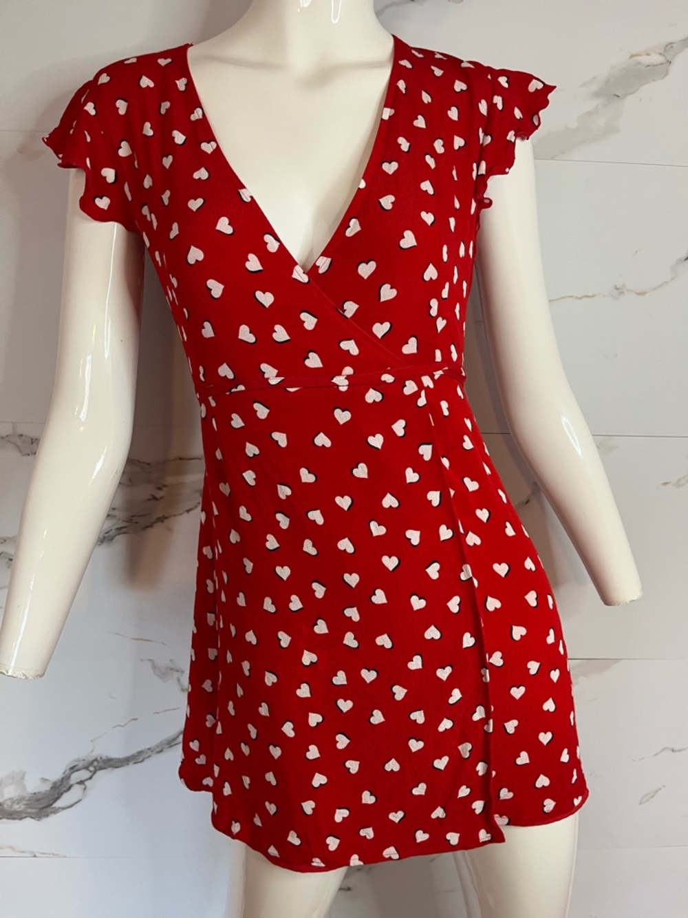 Sunday Best Aritzia Red Mini Wrap Dress White Hearts Size XXS Flutter Sleeves